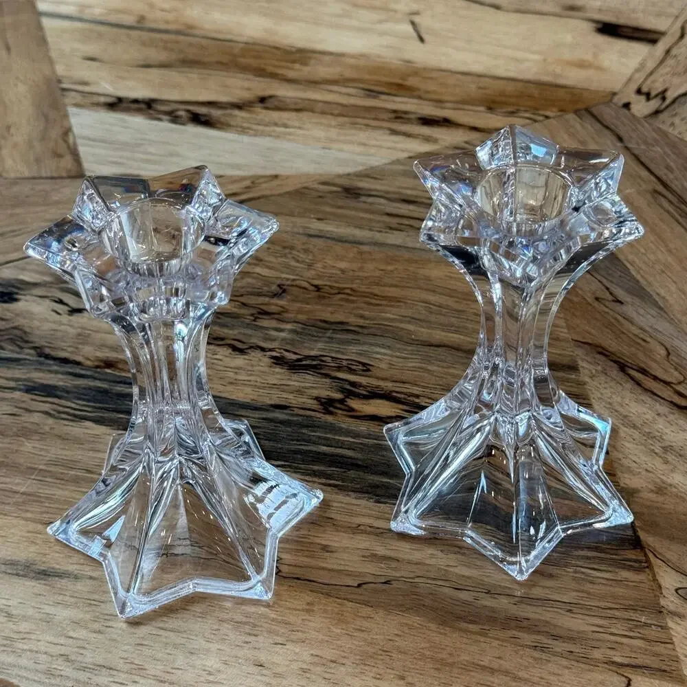 Mikasa Firestar Crystal Candlestick Holders Pair Star Base 4.25” Vintage Austria